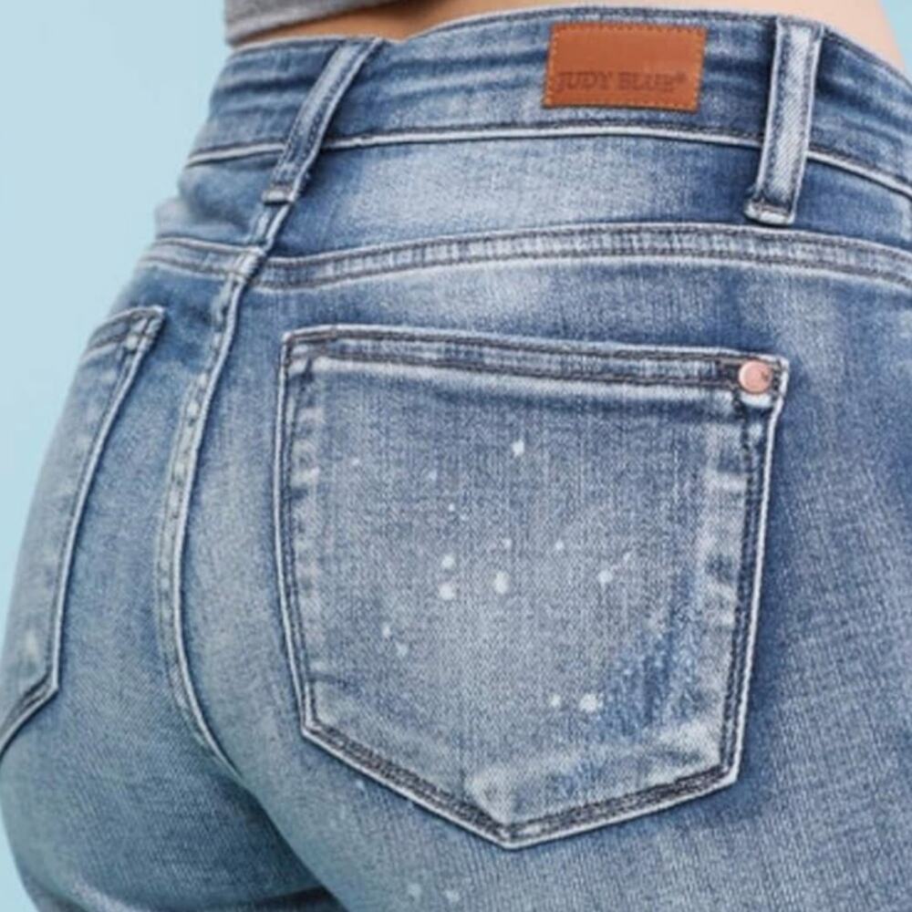 Judy Blue Destroyed Bleach Splattered Cuffed Boyfriend Jean Size 5/27 - Picture 3 of 9